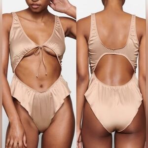 Skims Woven Shine Tie Front Teddy Bodysuit | Pink Sand XXS/NWT